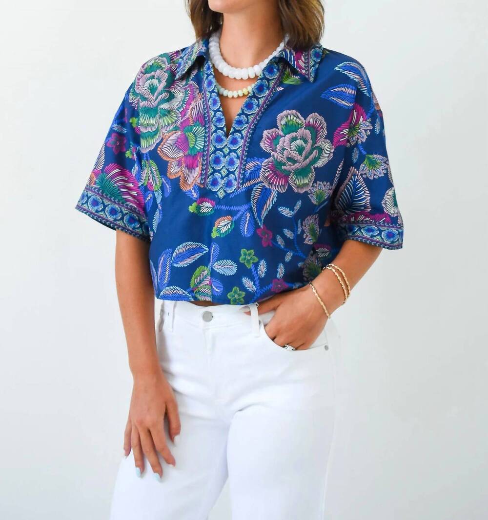 NEW ENTRO boom bloom collared top in indigo
